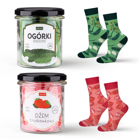 Set of 2x SOXO GOOD STUFF color socks for women strawberry jam | male pickled cucumbers | in a gift jar