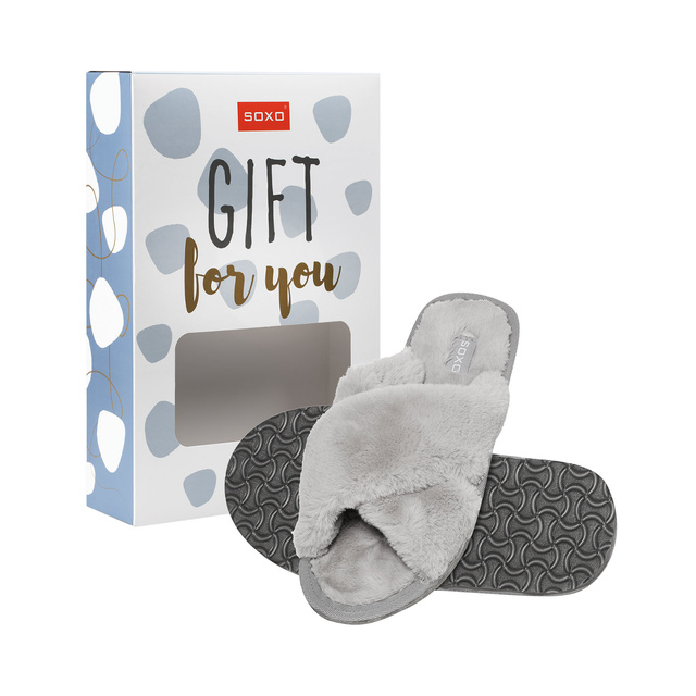 Women's slippers SOXO fur gray with a hard TPR sole, packed in a gift box