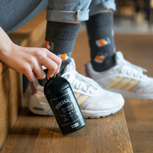 Set of Men's Socks Whiskey in a Bottle and Beer in a Can