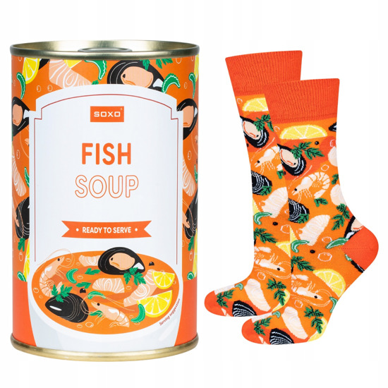 Skarpetki męskie kolorowe SOXO GOOD STUFF zabawne bawełniane fish soup w puszce prezent