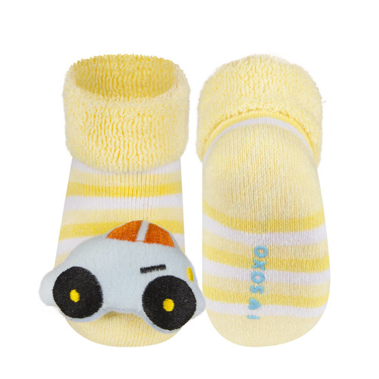 Skarpetki niemowlęce żółte SOXO z grzechotką 3D samochód