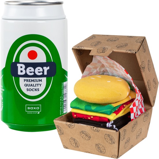 Zestaw 2x Skarpetki męskie kolorowe SOXO Hamburger w pudełku i piwo w puszce 