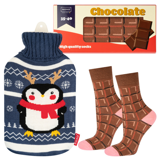 Zestaw skarpetki damskie SOXO tabliczka czekolady i świąteczny termofor pingwin | prezent na Święta