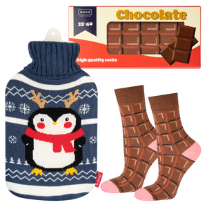 Zestaw skarpetki damskie SOXO tabliczka czekolady i świąteczny termofor pingwin